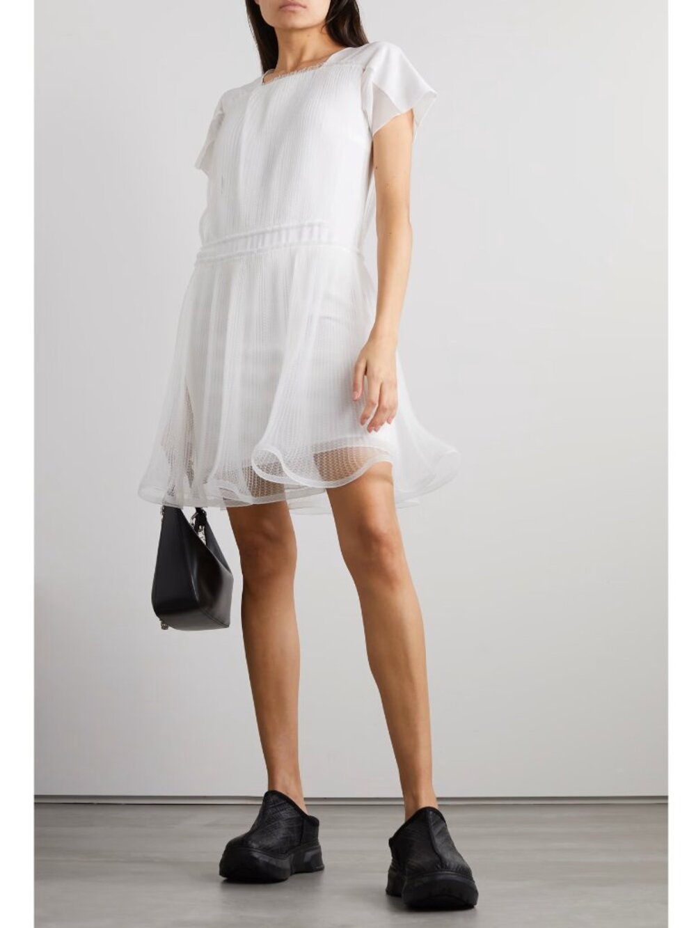 NWT GIVENCHY Pleated Tulle Paneled Silk Chiffon Mini Dress, White, FR 34/US 2